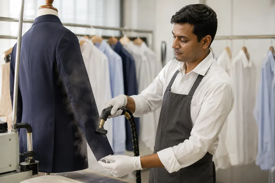 A HygieWash technician steam-finishing a navy blazer on a garment form